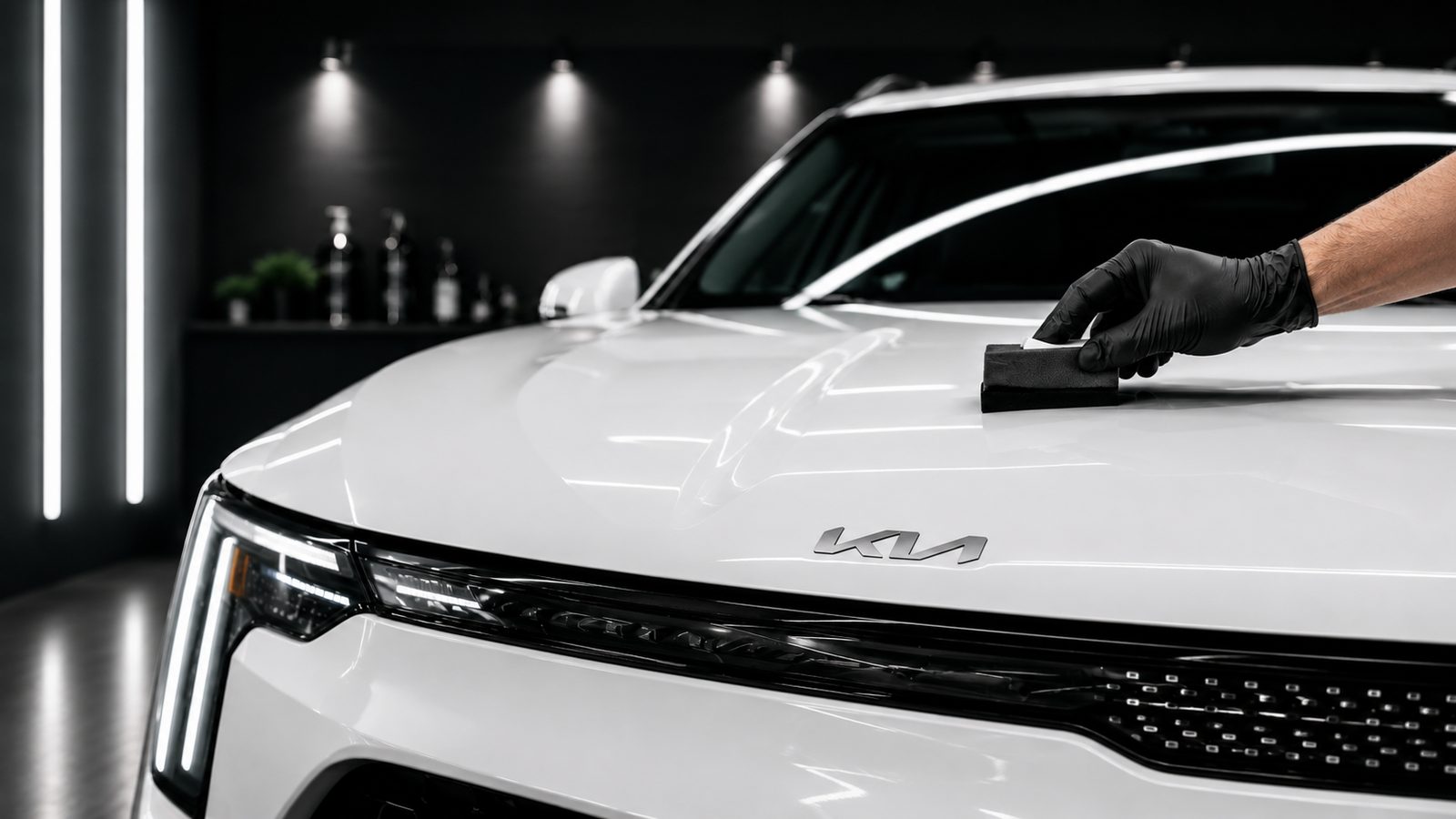 Ceramic coating application on white Kia