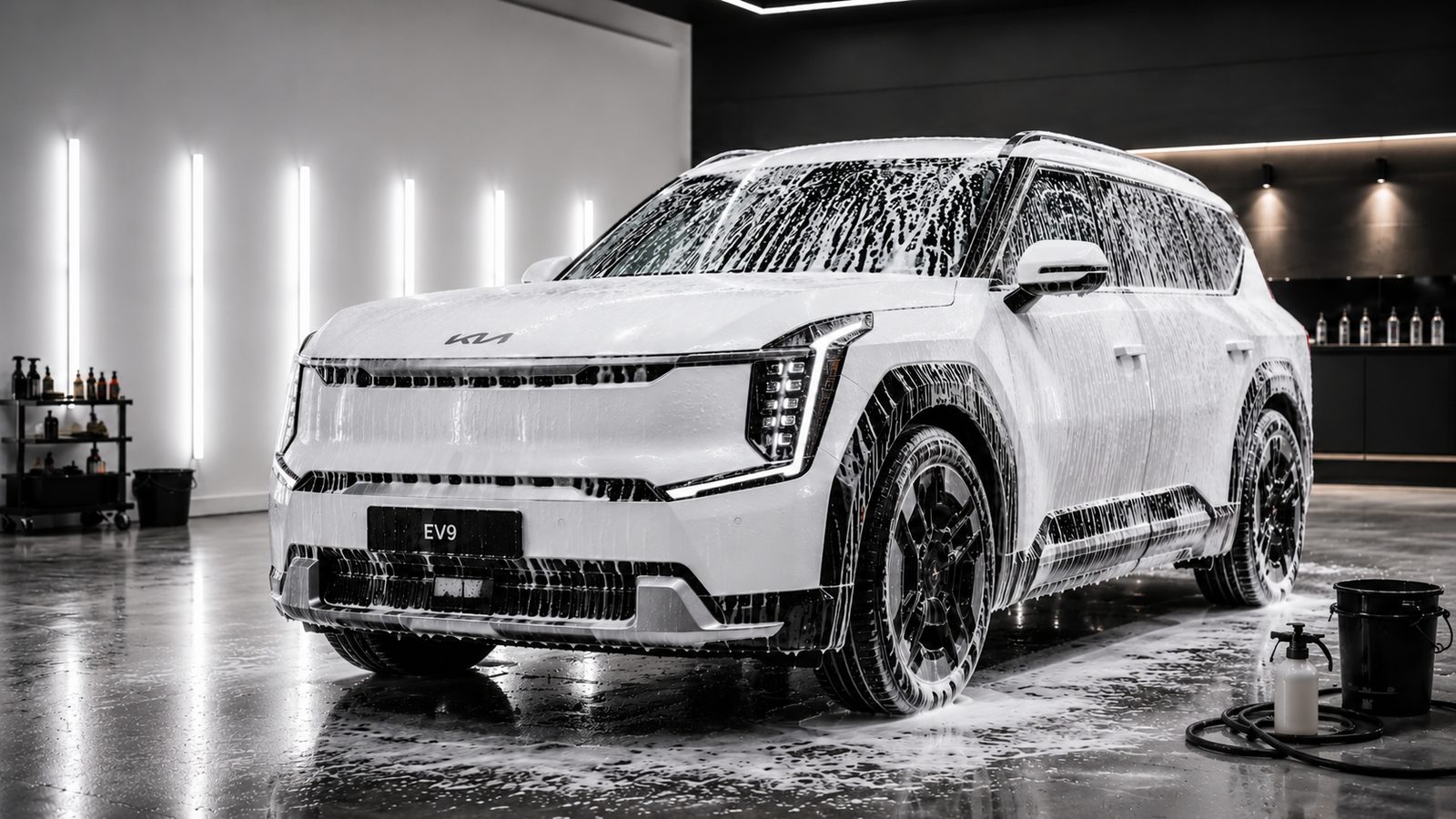 Kia EV9 under snow foam