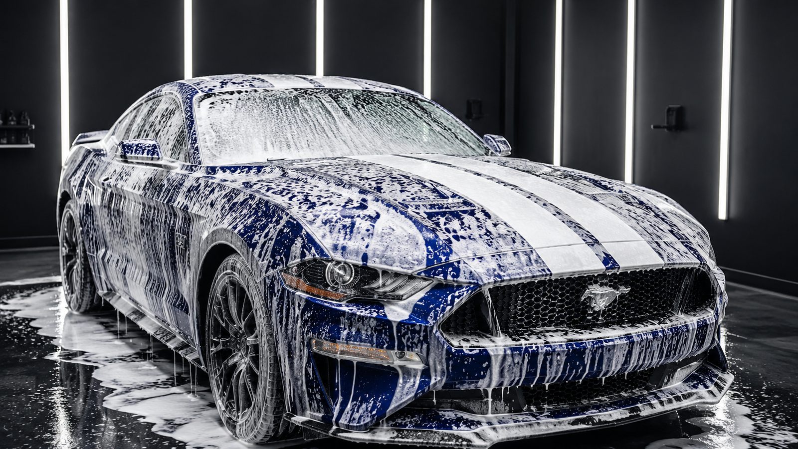 Ford Mustang GT under snow foam