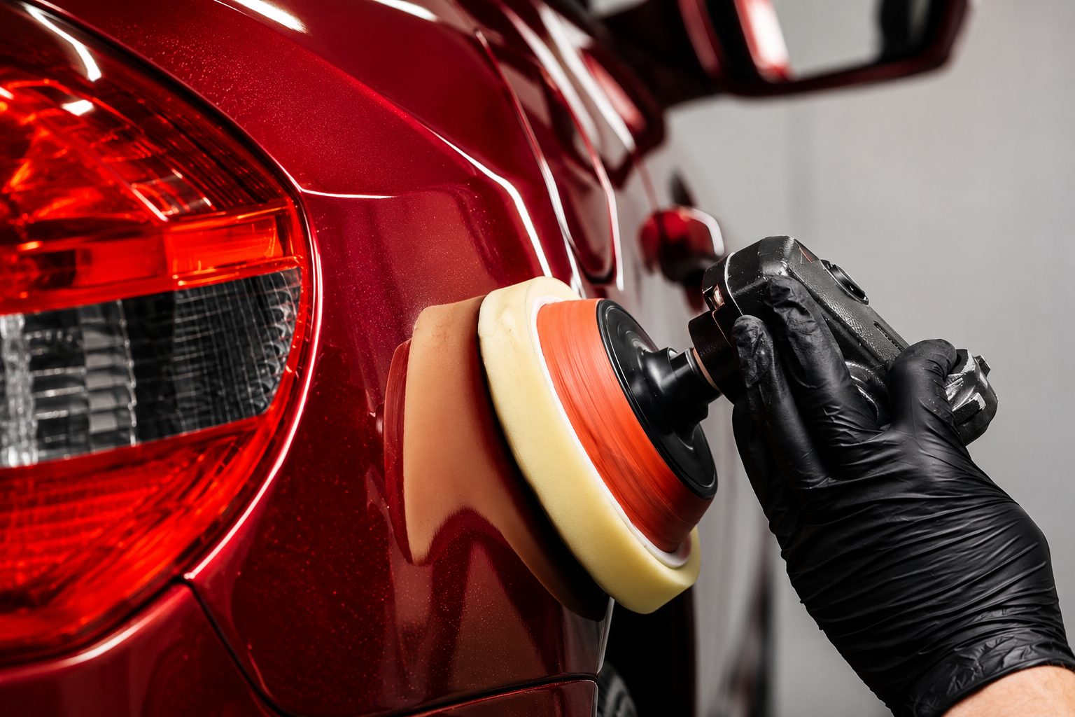 Polishing a red vehicle