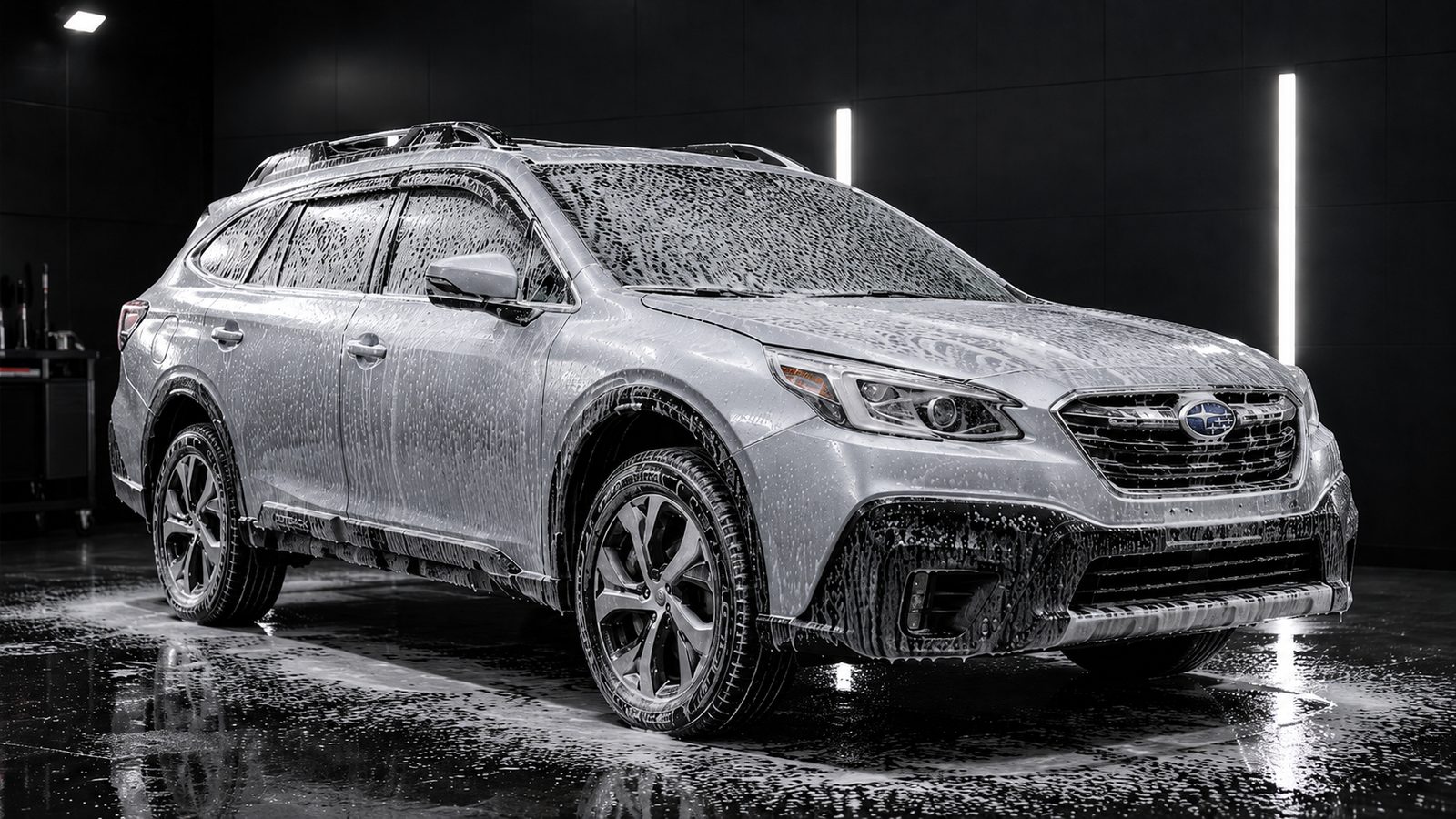 Subaru Outback under snow foam