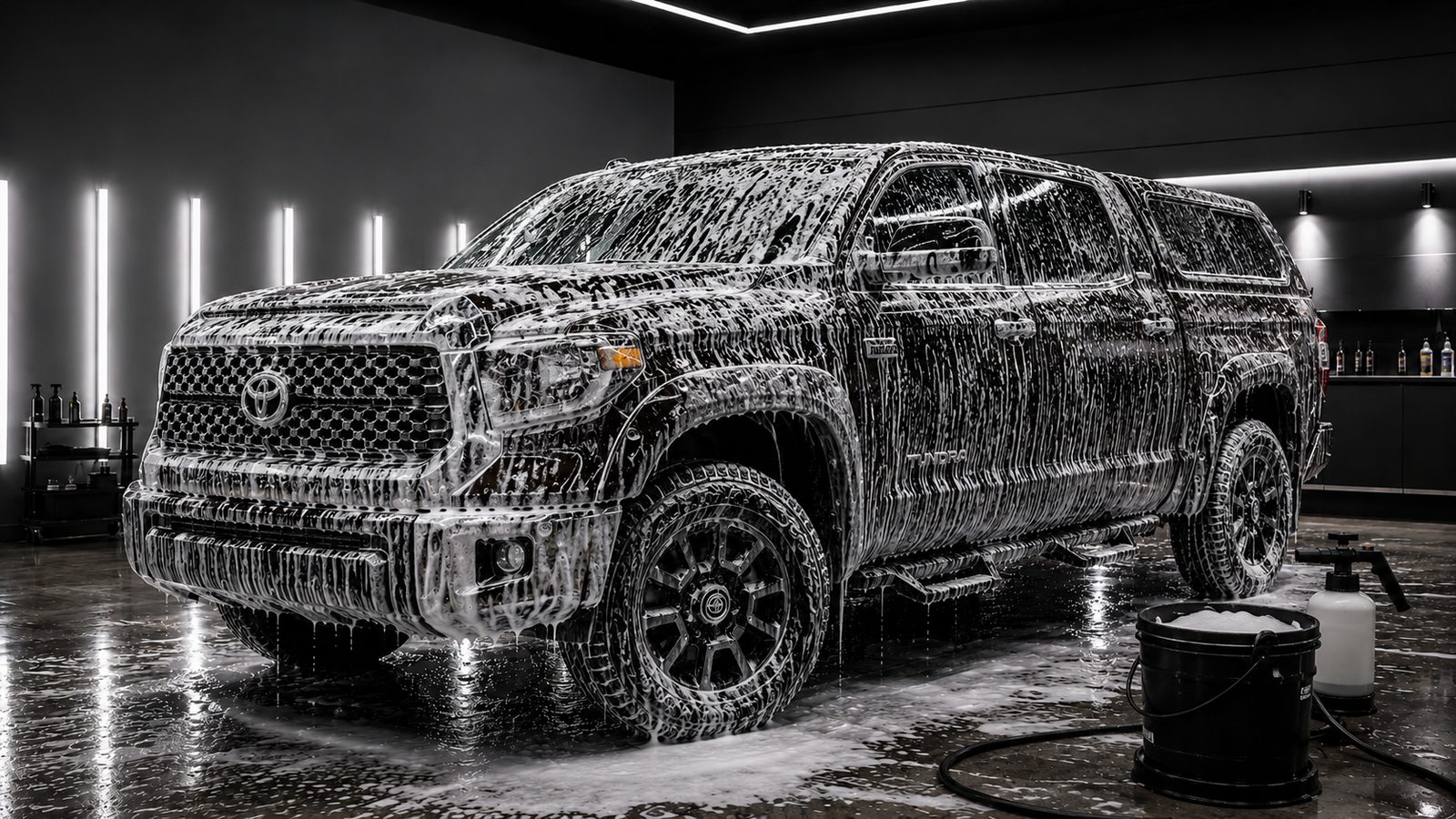 Truck under snow foam in the detailing booth